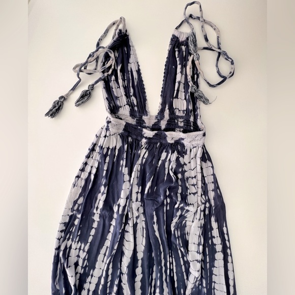 TIE DYE MAXI Dress Cover Up Blue Gray Hi Low Smocked Halter Long Ties WORN ONCE - Picture 8 of 13
